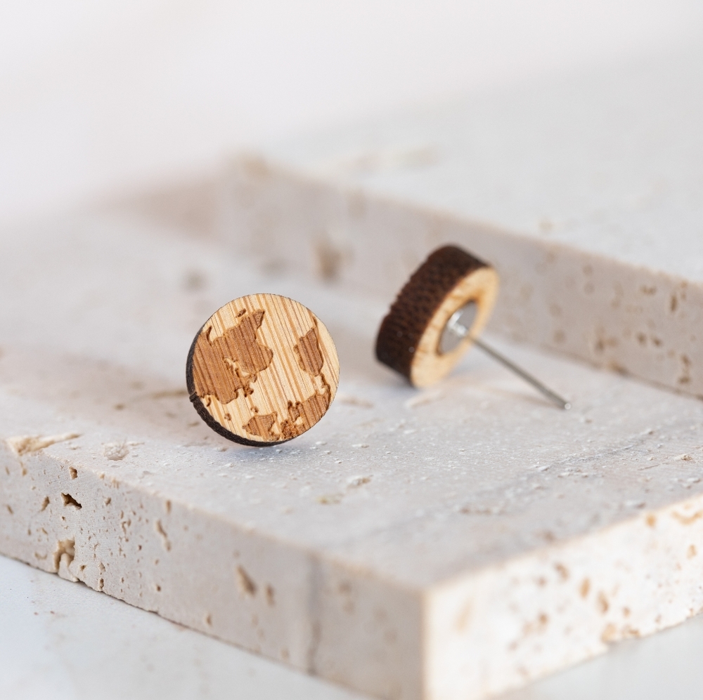 Wooden Earth Earrings - Only 1 left! - Picture 2 of 5